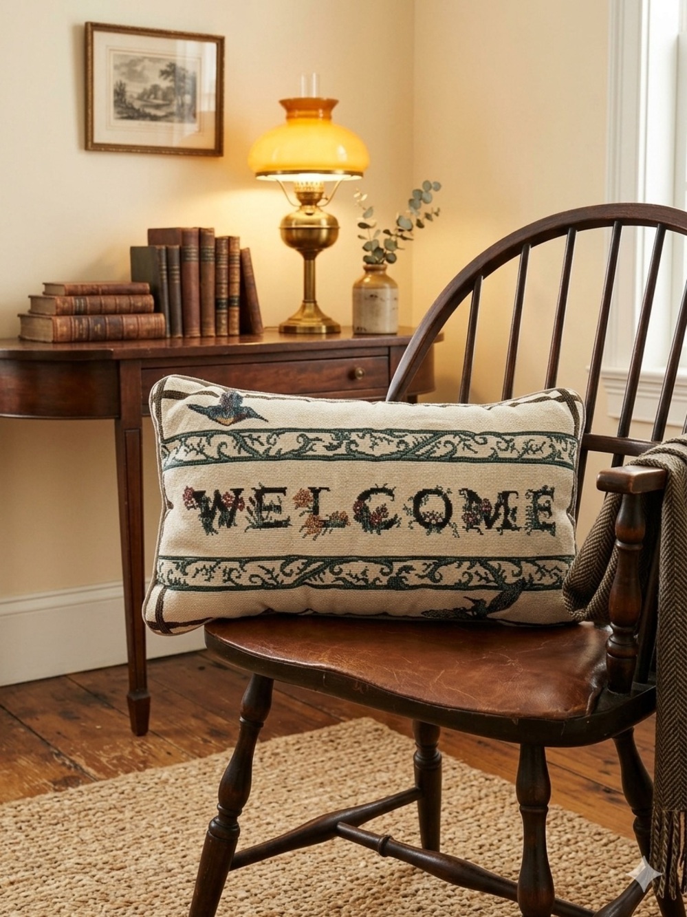 Vintage Welcome Embroidered Lumbar Pillow - Beige and Green Home Accent